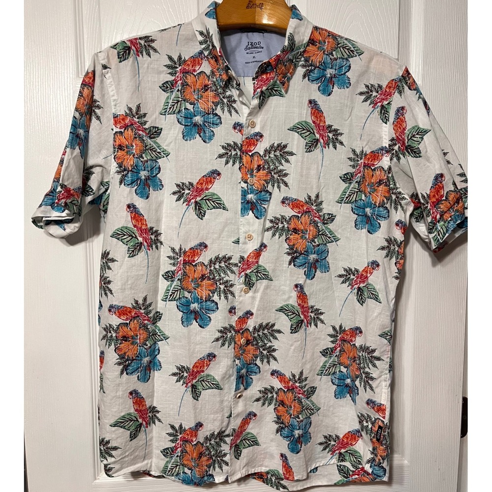 Izod Saltwater Mens XL Short Sleeve Tropical Parrot Floral Button Down Shirt